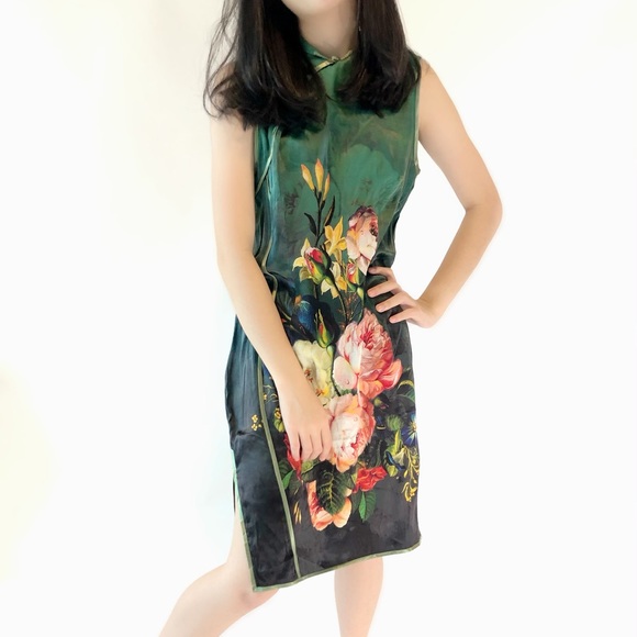 Vintage Silk Green Mandarin Dress🦆 - Picture 3 of 5